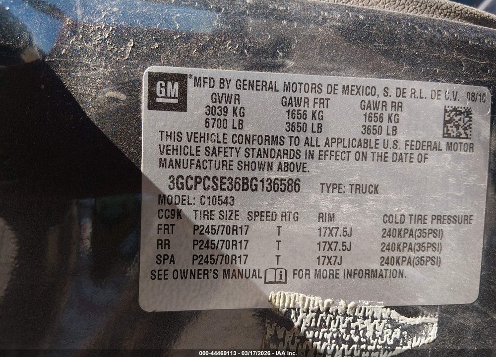 2011 CHEVROLET SILVERADO 1500 XTRA FUEL ECONOMY VIN: 3GCPCSE36BG136586