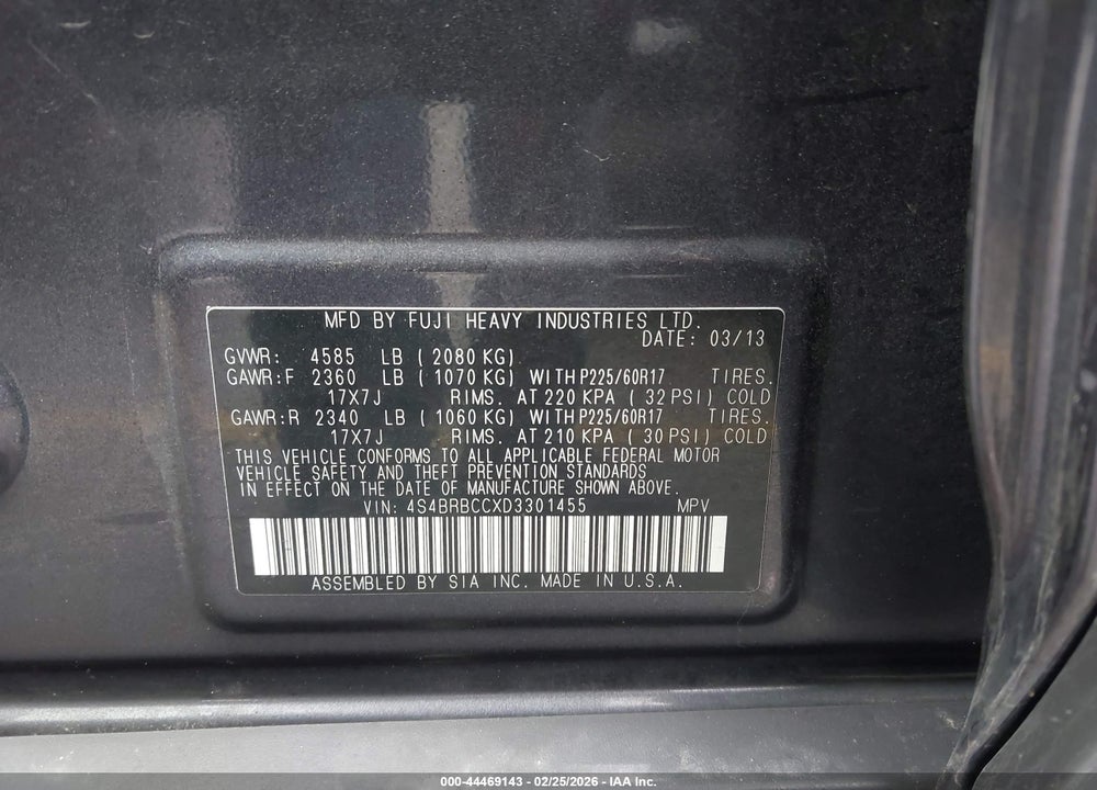 2013 SUBARU OUTBACK 2.5I PREMIUM VIN: 4S4BRBCCXD3301455