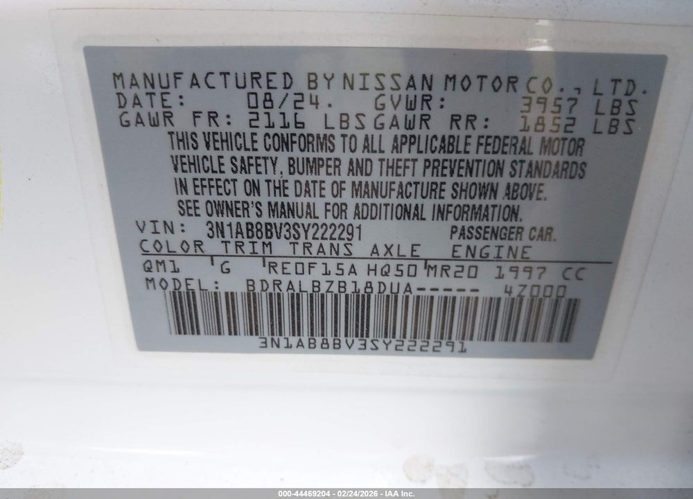 2025 NISSAN SENTRA S VIN: 3N1AB8BV3SY222291