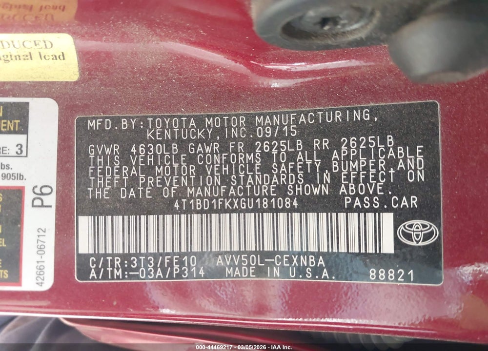2016 TOYOTA CAMRY HYBRID LE VIN: 4T1BD1FKXGU181084