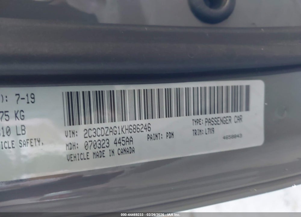 2019 DODGE CHALLENGER SXT VIN: 2C3CDZAG1KH686246
