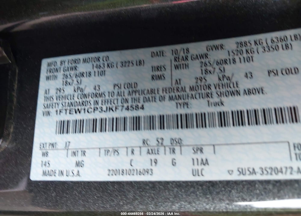 2018 FORD F-150 XLT VIN: 1FTEW1CP3JKF74584