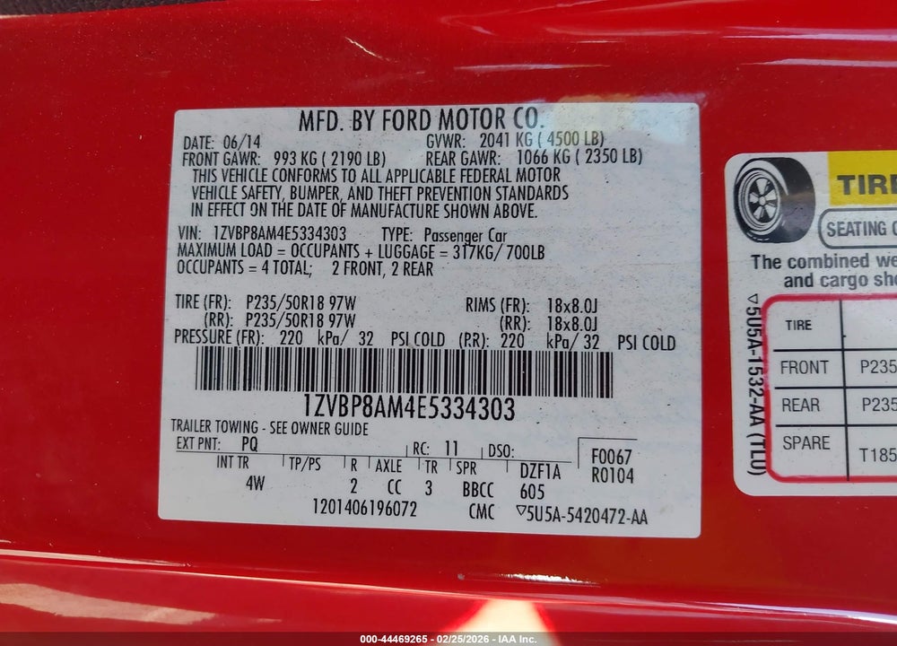 2014 FORD MUSTANG V6 PREMIUM VIN: 1ZVBP8AM4E5334303