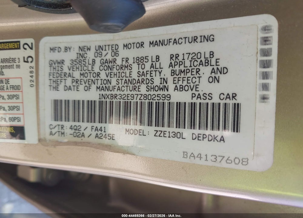 2007 TOYOTA COROLLA CE/LE/S VIN: 1NXBR32E97Z802599