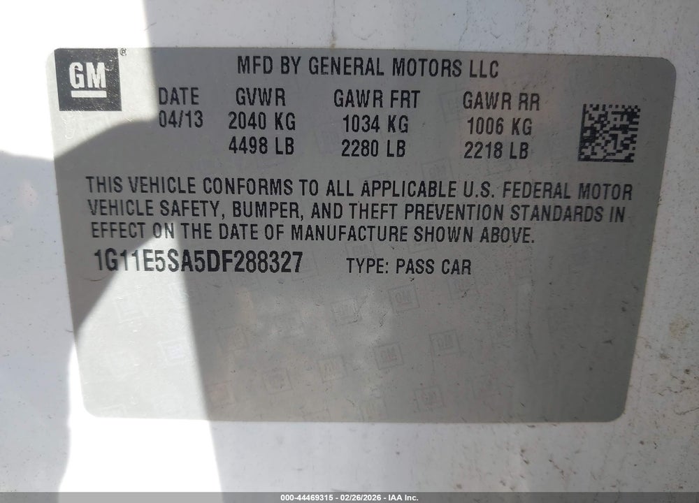 2013 CHEVROLET MALIBU 2LT VIN: 1G11E5SA5DF288327