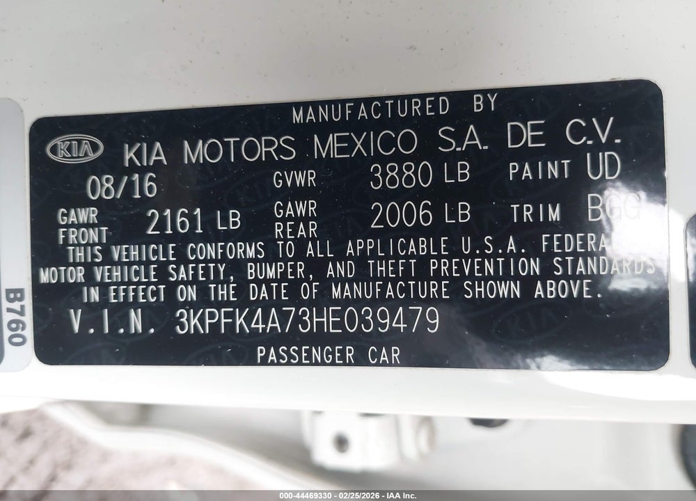 2017 KIA FORTE LX VIN: 3KPFK4A73HE039479