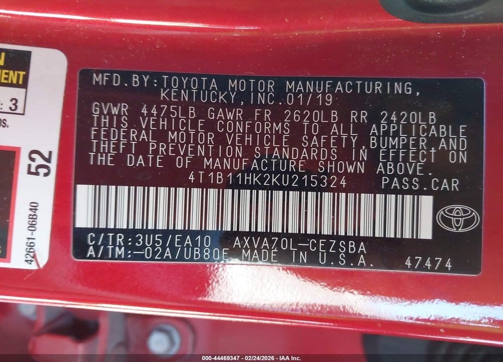 2019 TOYOTA CAMRY SE VIN: 4T1B11HK2KU215324