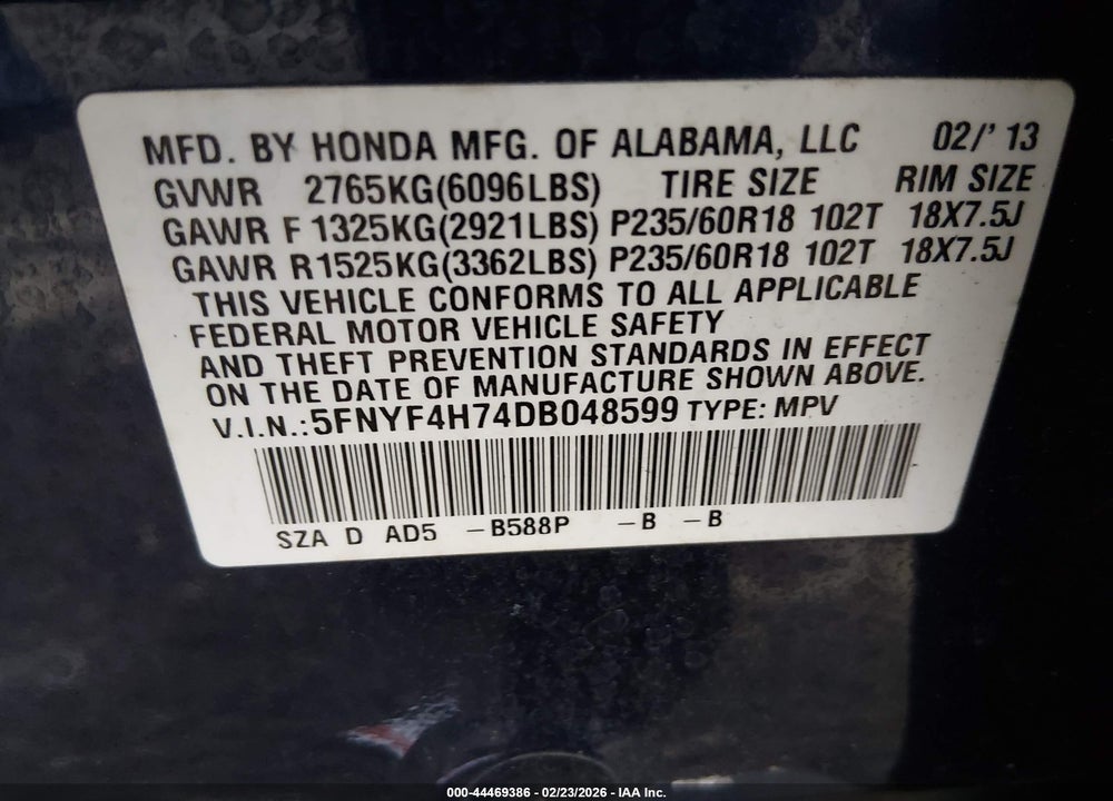 2013 HONDA PILOT EX-L VIN: 5FNYF4H74DB048599