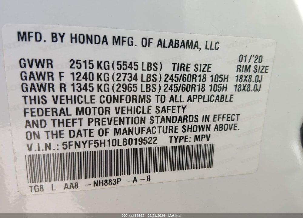 2020 HONDA PILOT 2WD LX VIN: 5FNYF5H10LB019522