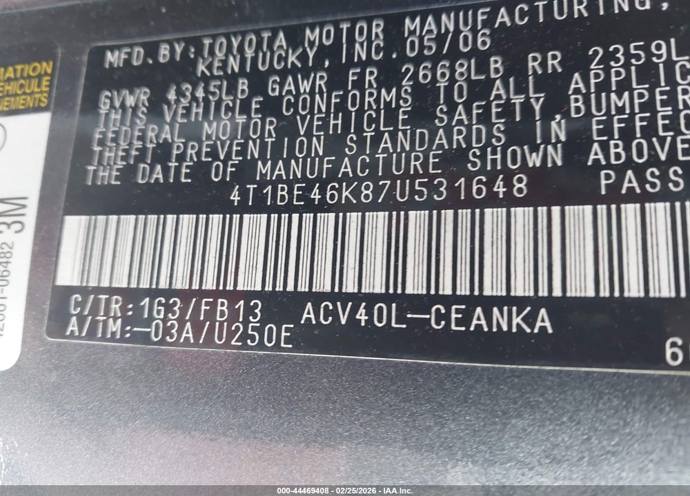 2007 TOYOTA CAMRY LE VIN: 4T1BE46K87U531648