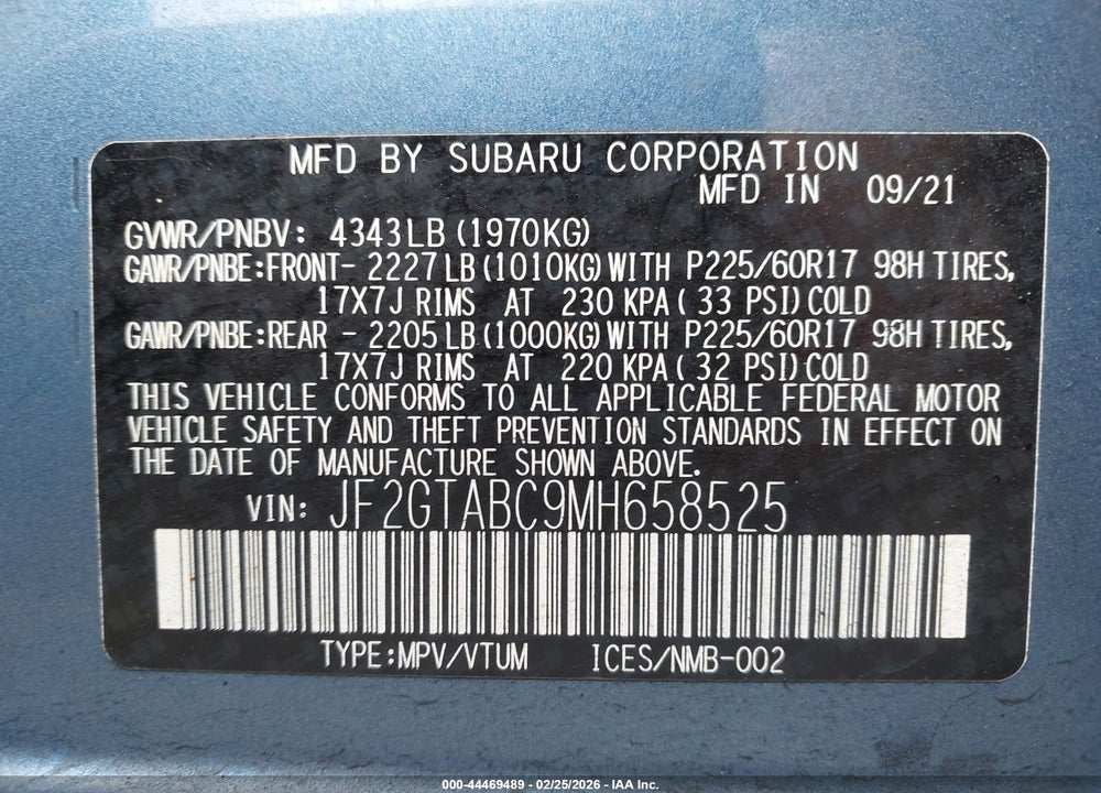 2021 SUBARU CROSSTREK VIN: JF2GTABC9MH658525