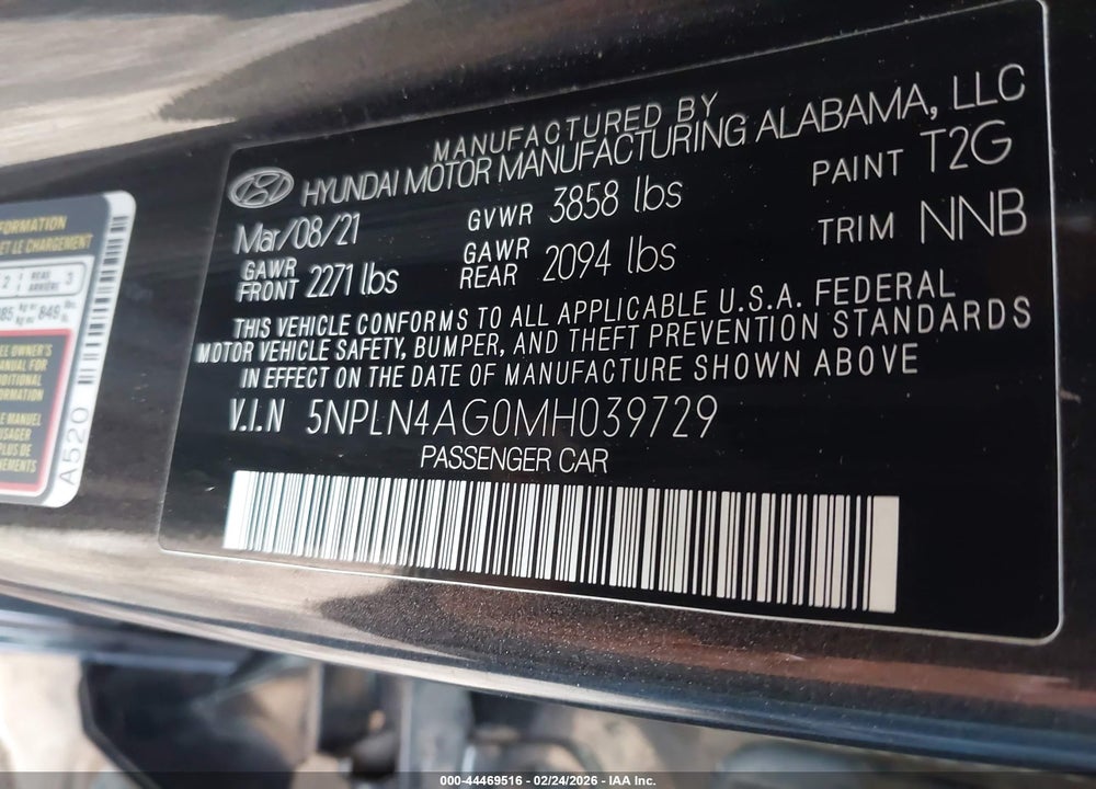 2021 HYUNDAI ELANTRA SEL VIN: 5NPLN4AG0MH039729