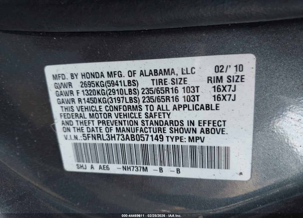 2010 HONDA ODYSSEY EX-L VIN: 5FNRL3H73AB057149