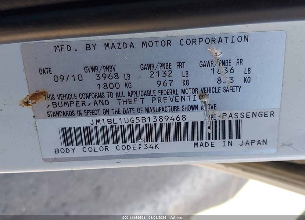 2011 MAZDA 3 I SPORT VIN: JM1BL1UG5B1389468