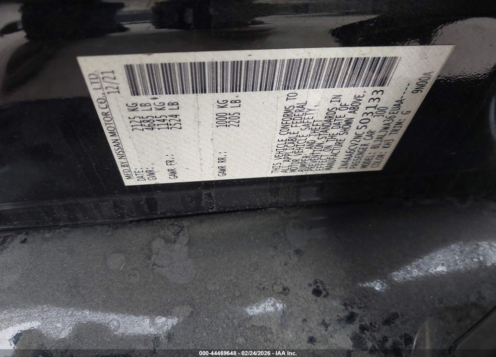 2022 NISSAN MAXIMA SV XTRONIC CVT VIN: 1N4AA6CV2NC503133