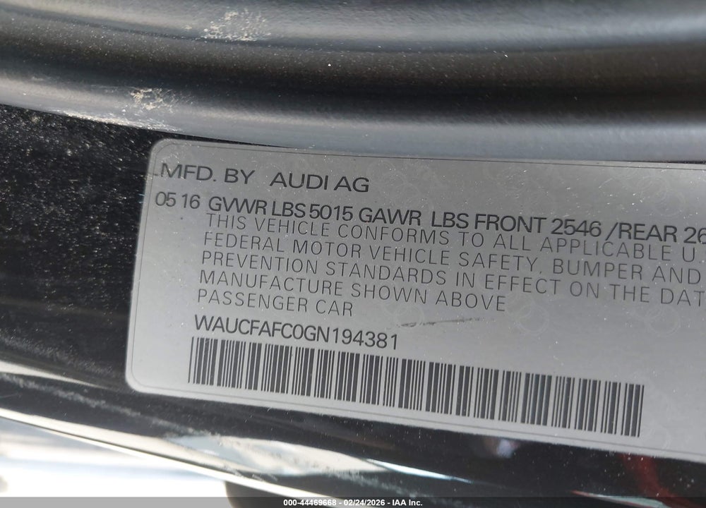 2016 AUDI A6 2.0T PREMIUM VIN: WAUCFAFC0GN194381