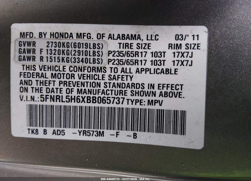 2011 HONDA ODYSSEY EX-L VIN: 5FNRL5H6XBB065737
