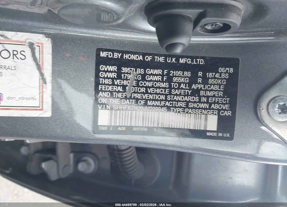 2018 HONDA CIVIC LX VIN: SHHFK7H20JU229945