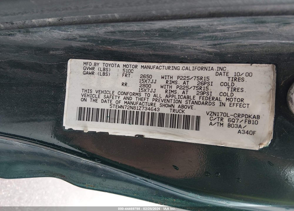 2001 TOYOTA TACOMA BASE V6 VIN: 5TEWN72N81Z734643