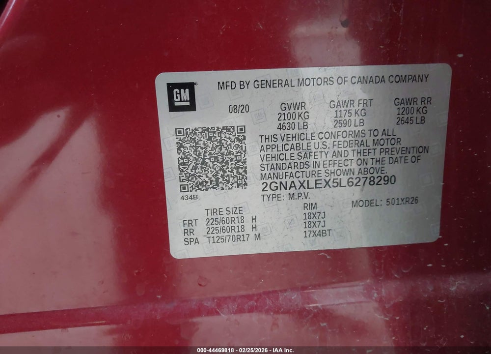 2020 CHEVROLET EQUINOX FWD LT 2.0L TURBO VIN: 2GNAXLEX5L6278290