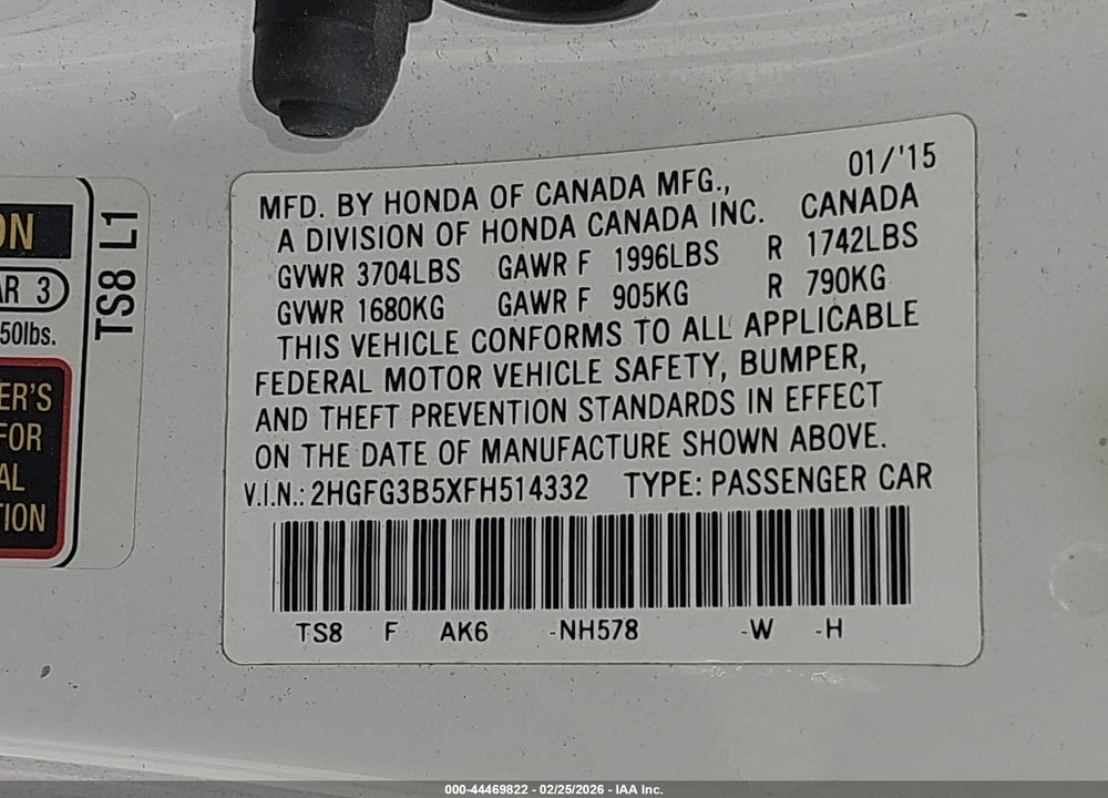 2015 HONDA CIVIC LX VIN: 2HGFG3B5XFH514332