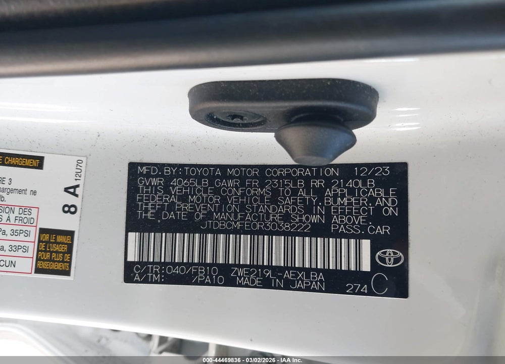 2024 TOYOTA COROLLA HYBRID LE VIN: JTDBCMFE0R3038222