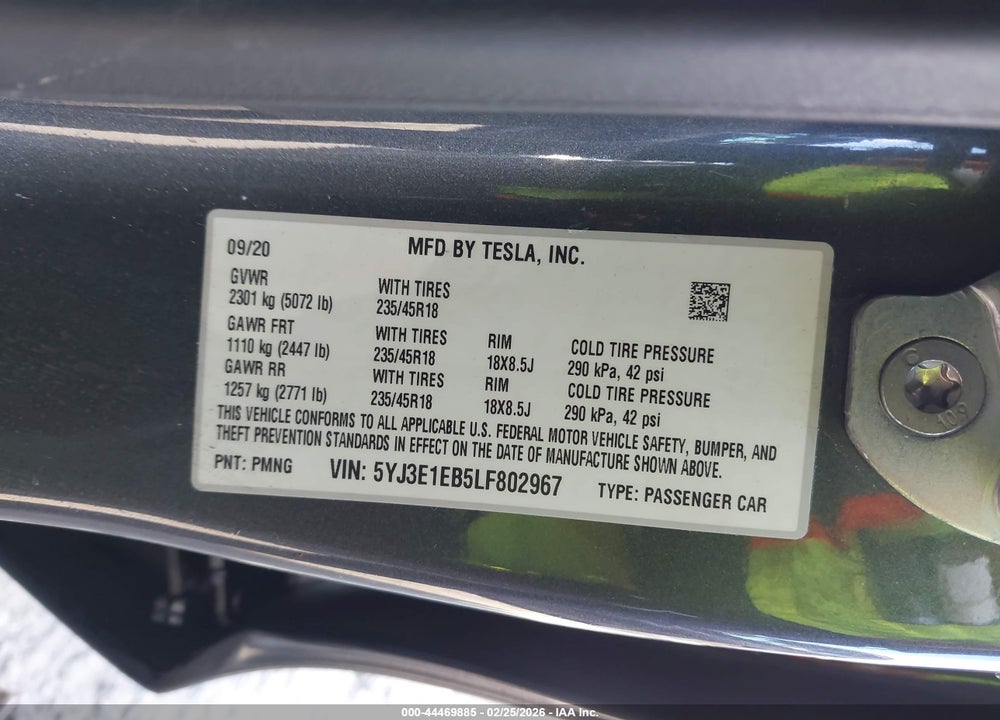 2020 TESLA MODEL 3 LONG RANGE DUAL MOTOR ALL-WHEEL DRIVE VIN: 5YJ3E1EB5LF802967
