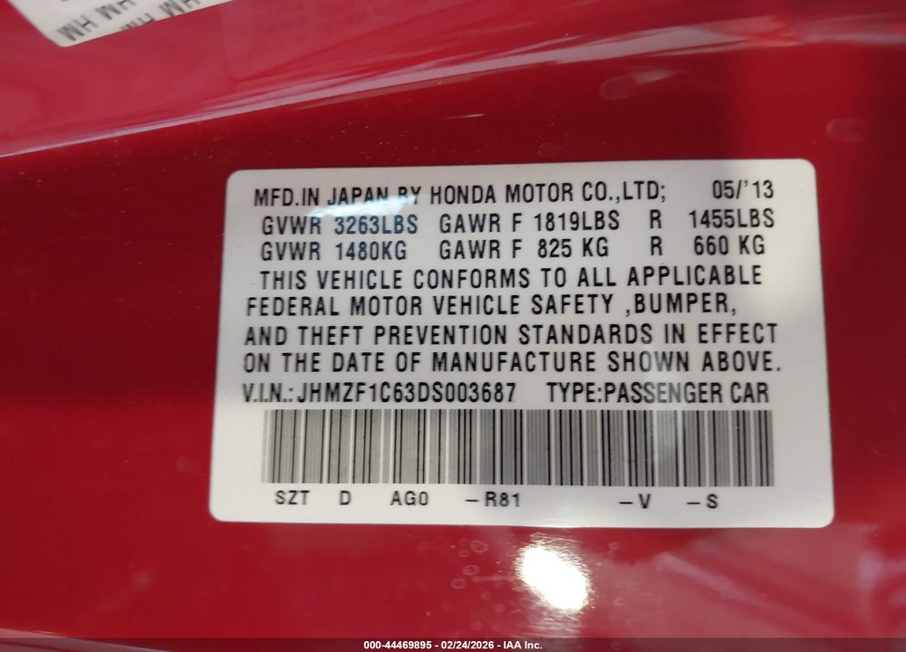2013 HONDA CR-Z EX VIN: JHMZF1C63DS003687
