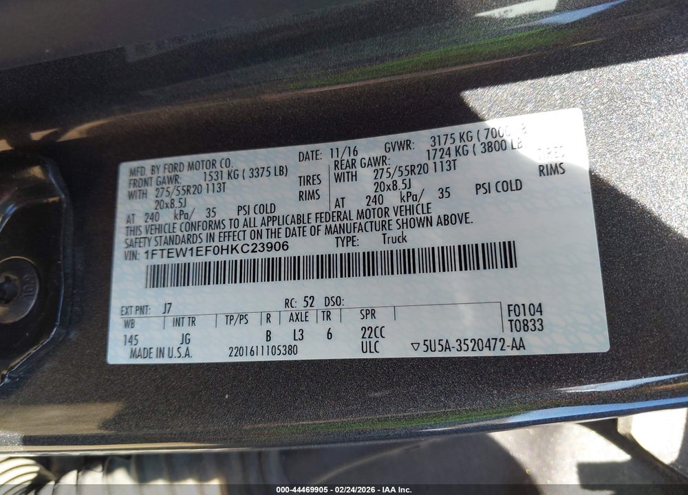 2017 FORD F-150 XL VIN: 1FTEW1EF0HKC23906