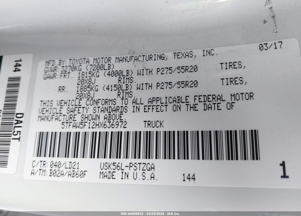 2017 TOYOTA TUNDRA 1794 5.7L V8 VIN: 5TFAW5F12HX636972
