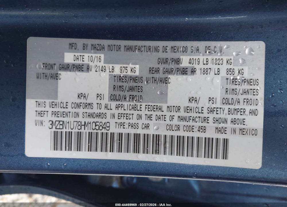 2017 MAZDA 3 SPORT VIN: 3MZBN1U78HM105849