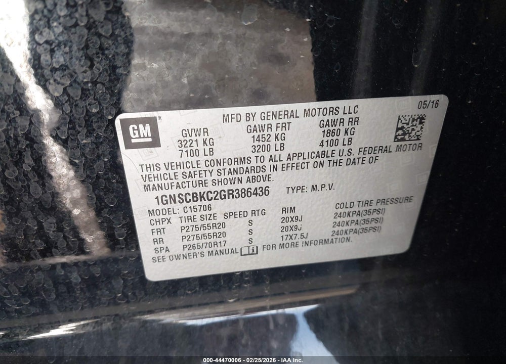 2016 CHEVROLET TAHOE LT VIN: 1GNSCBKC2GR386436