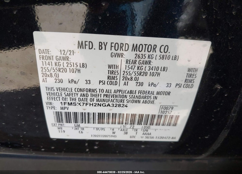 2022 FORD EXPLORER LIMITED VIN: 1FMSK7FH2NGA32824