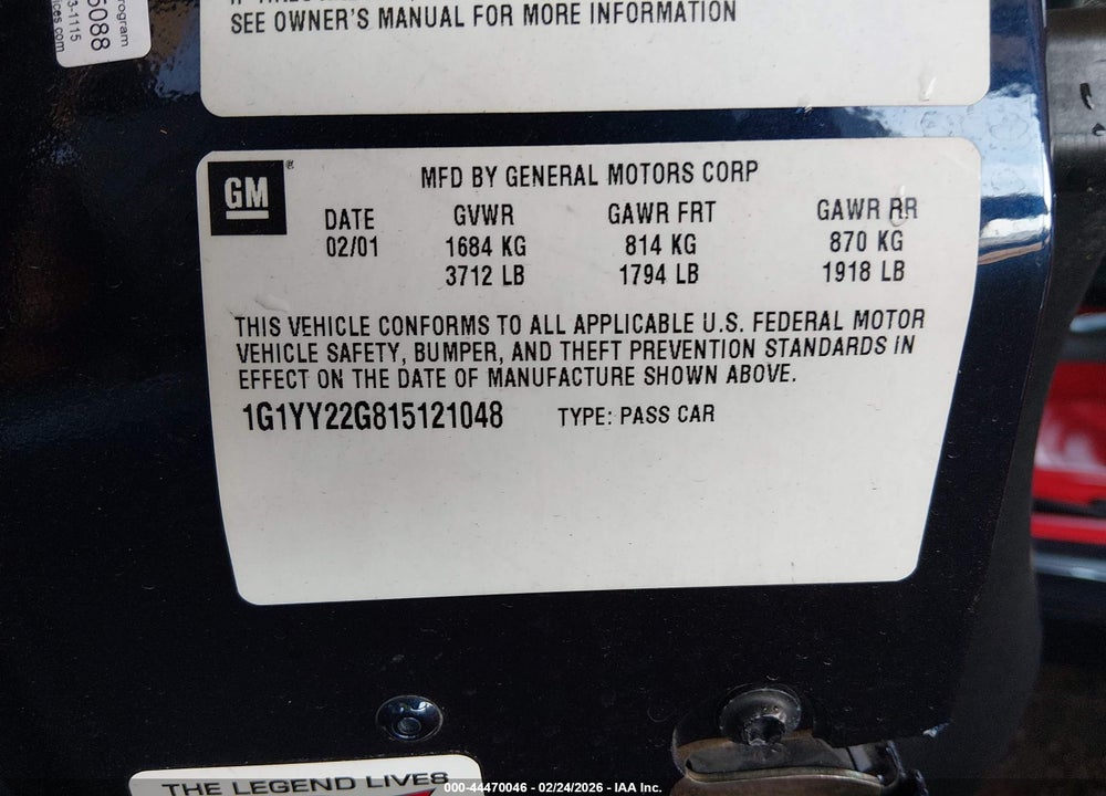 2001 CHEVROLET CORVETTE VIN: 1G1YY22G815121048