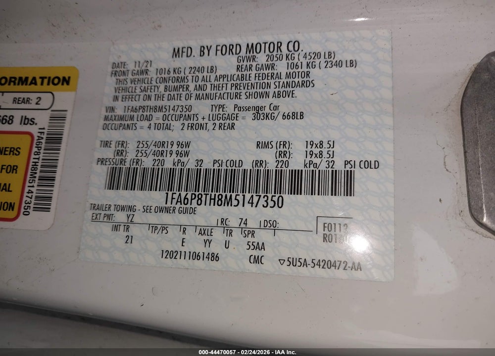 2021 FORD MUSTANG ECOBOOST FASTBACK VIN: 1FA6P8TH8M5147350