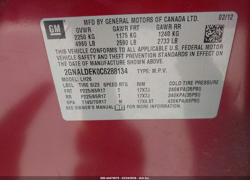 2012 CHEVROLET EQUINOX 1LT VIN: 2GNALDEK0C6288134