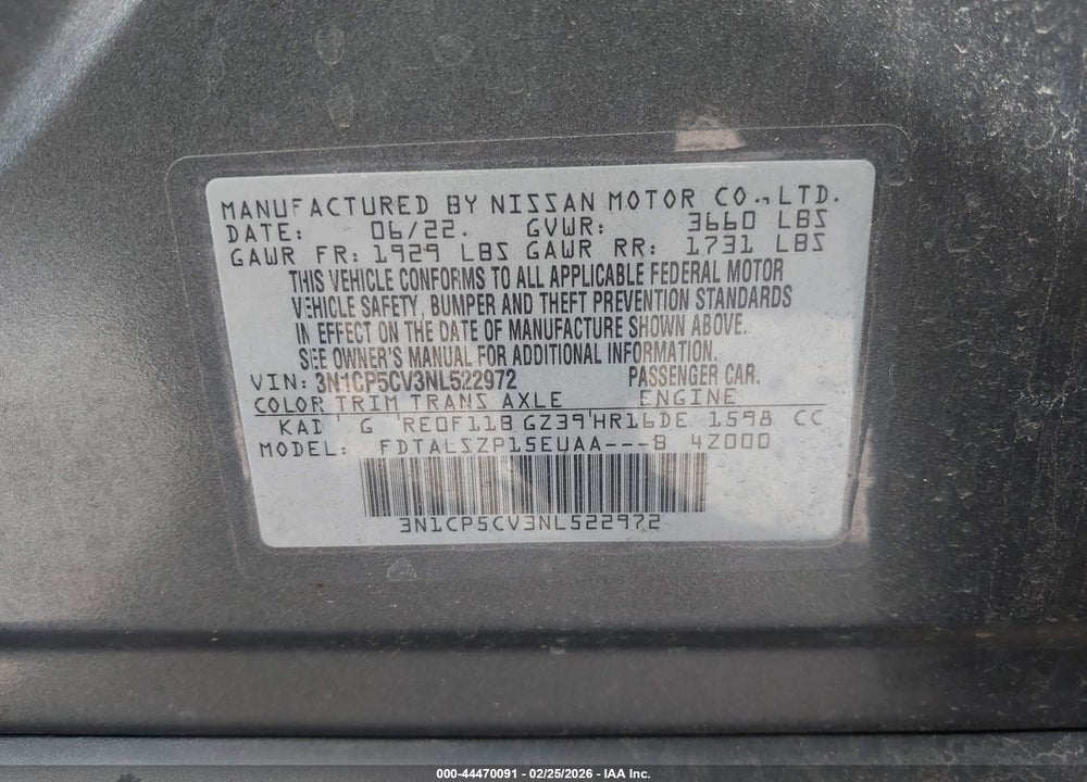 2022 NISSAN KICKS SV XTRONIC CVT VIN: 3N1CP5CV3NL522972