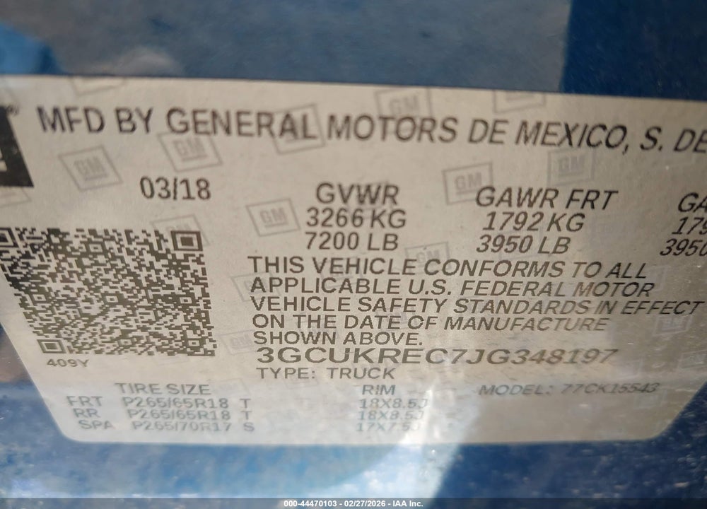 2018 CHEVROLET SILVERADO 1500 2LT VIN: 3GCUKREC7JG348197