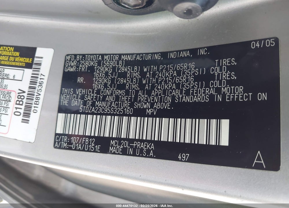 2005 TOYOTA SIENNA LE VIN: 5TDZA23C95S325160