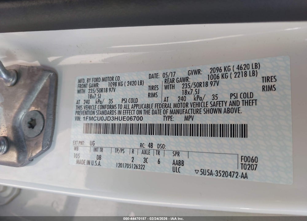 2017 FORD ESCAPE TITANIUM VIN: 1FMCU0JD3HUE06700