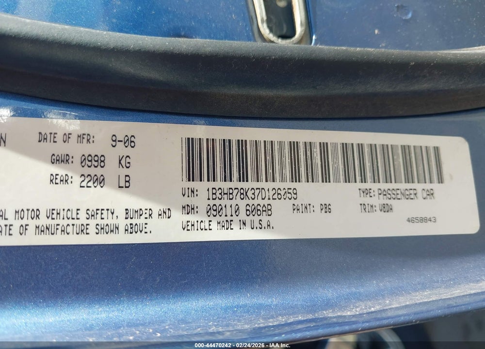 2007 DODGE CALIBER R/T VIN: 1B3HB78K37D126059