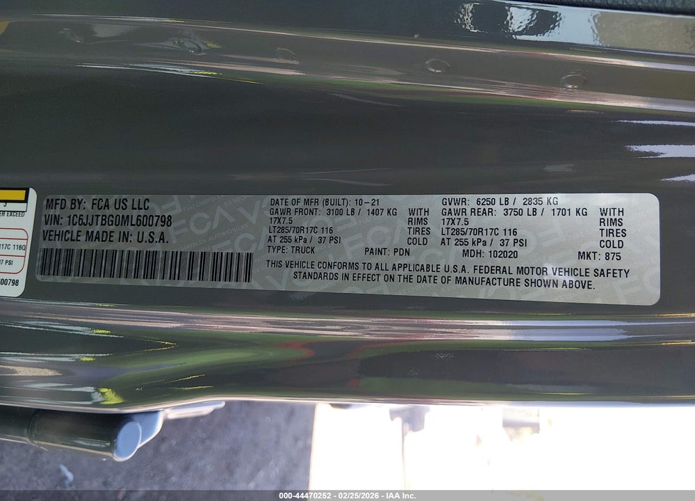 2021 JEEP GLADIATOR RUBICON 4X4 VIN: 1C6JJTBG0ML600798