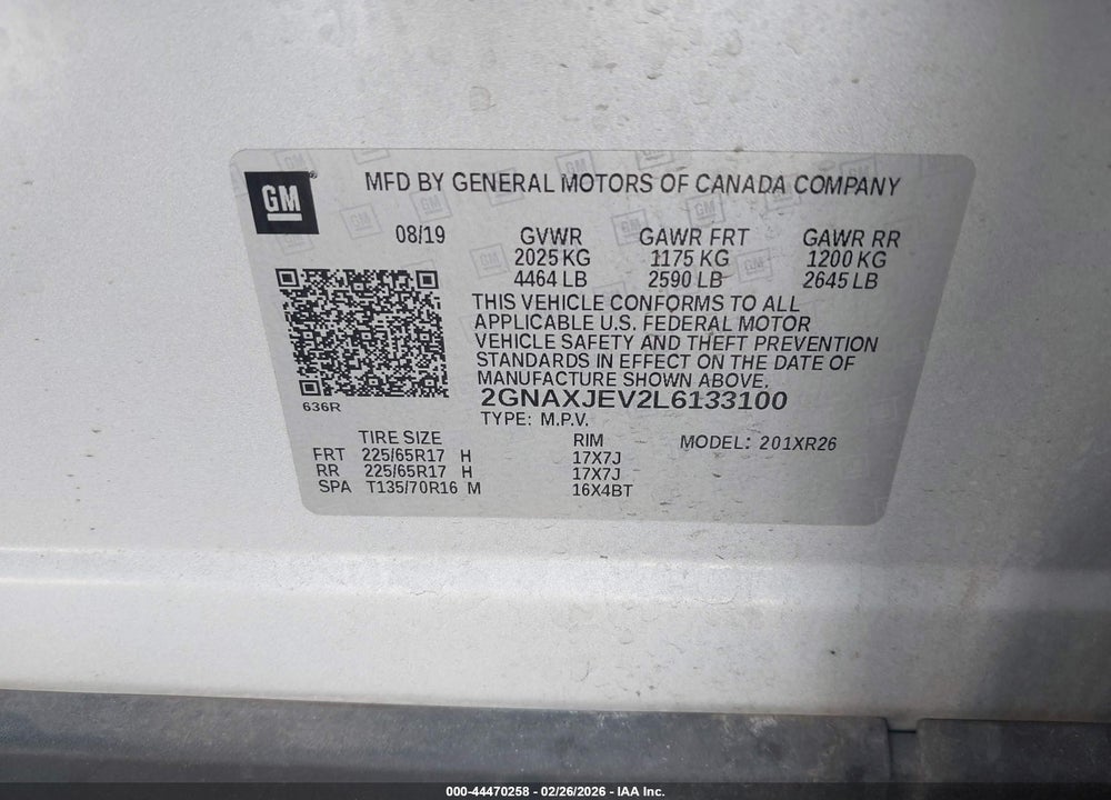 2020 CHEVROLET EQUINOX FWD 2FL VIN: 2GNAXJEV2L6133100