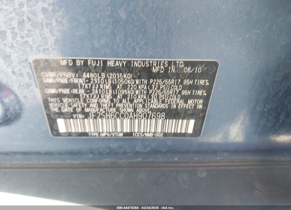 2010 SUBARU FORESTER 2.5X PREMIUM VIN: JF2SH6CC0AH907698