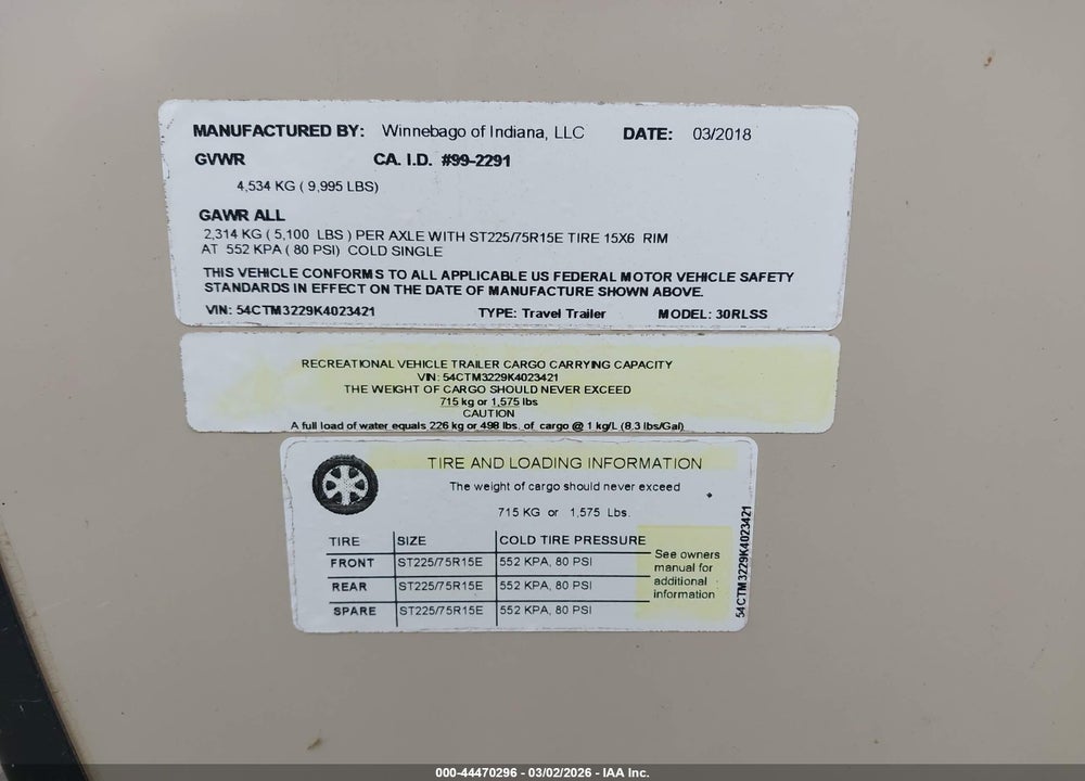 2019 WINNEBAGO MINI PLUS VIN: 54CTM3229K4023421