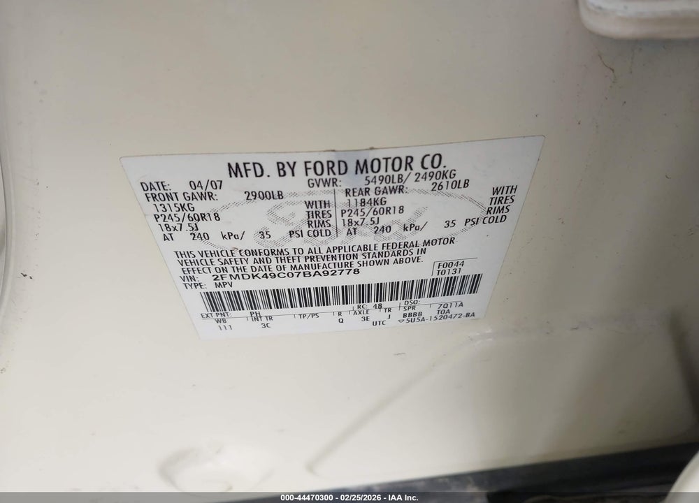 2007 FORD EDGE SEL PLUS VIN: 2FMDK49C07BA92778