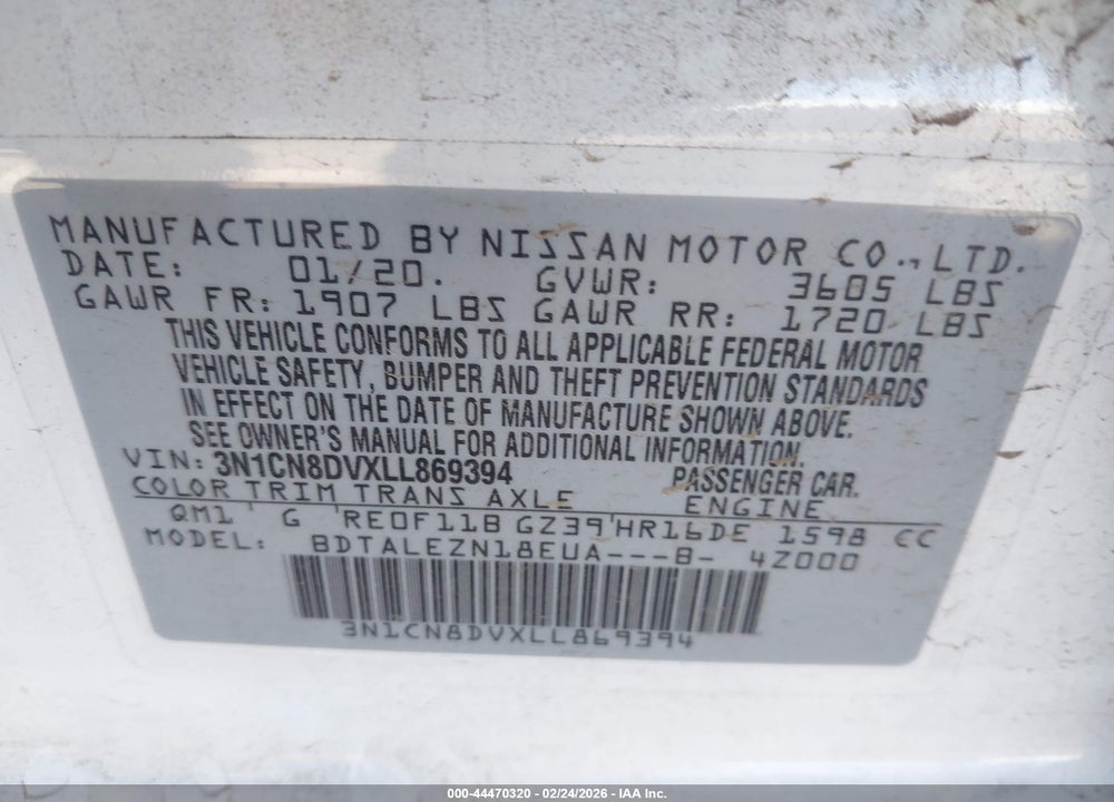 2020 NISSAN VERSA S XTRONIC CVT VIN: 3N1CN8DVXLL869394