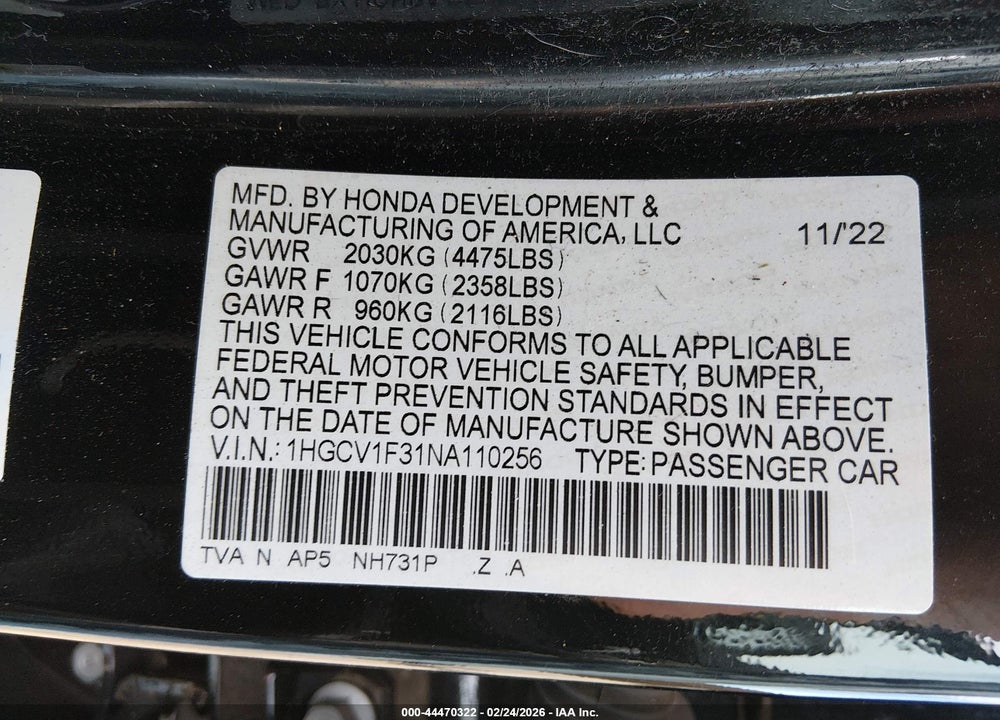 2022 HONDA ACCORD SPORT VIN: 1HGCV1F31NA110256