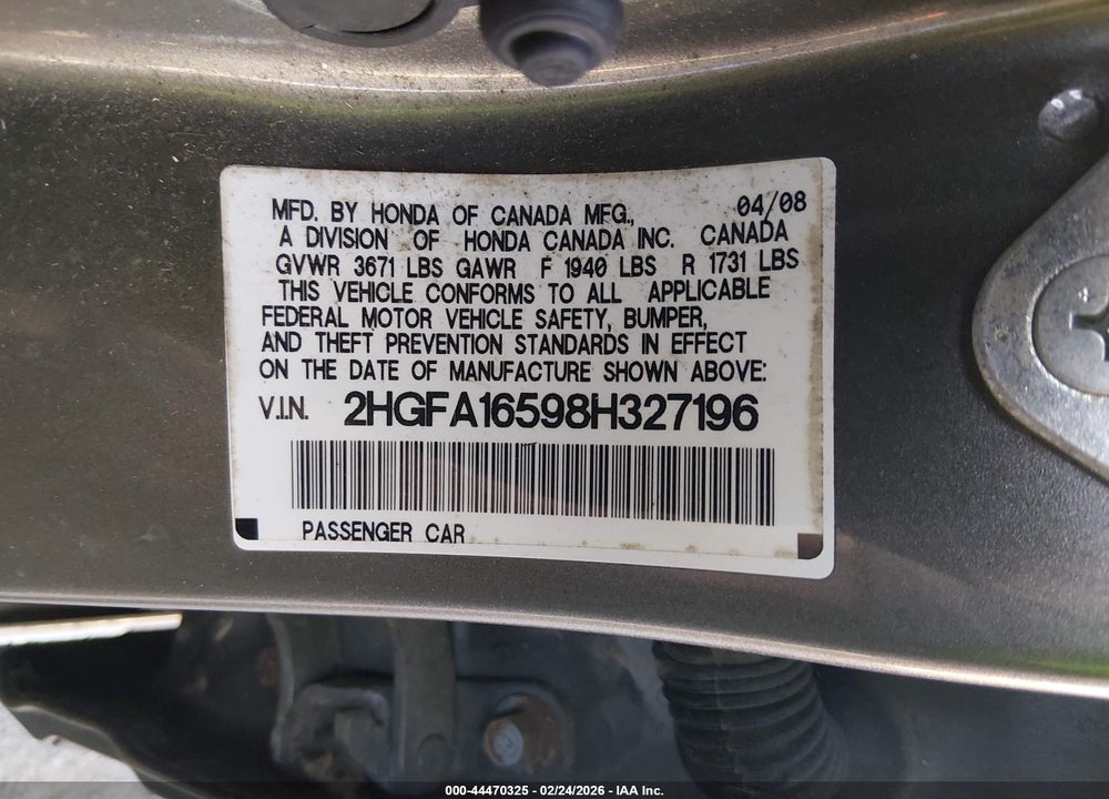 2008 HONDA CIVIC LX VIN: 2HGFA16598H327196