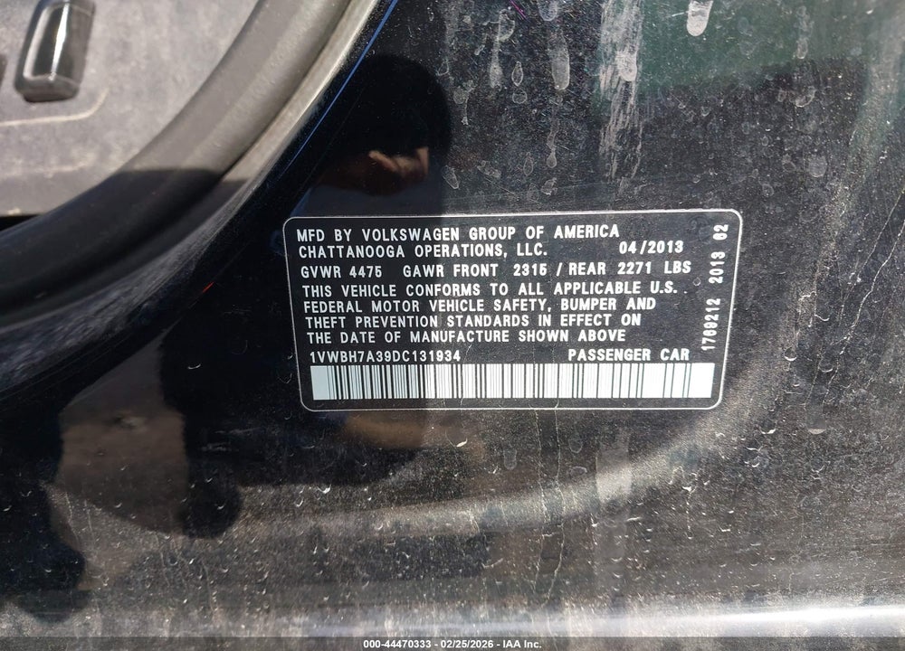 2013 VOLKSWAGEN PASSAT 2.5L SE VIN: 1VWBH7A39DC131934